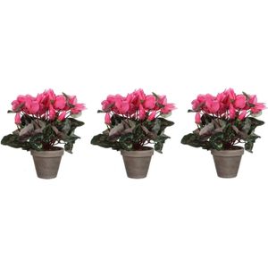 Voordeelset van 3x stuks roze cyclaam kunstplanten met bloemen 30 cm in grijze pot - Kunstplanten/nepplanten - Huis of kantoor
