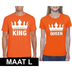 Koningsdag koppel King &amp; Queen t-shirt oranje maat L