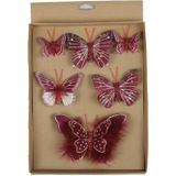 12x stuks decoratie vlinders op clip donkerrood - Kerstversiering/woondecoratie/bruiloft versiering