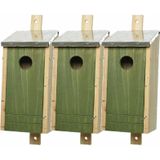 Set van 3 houten vogelhuisjes/nestkastjes met donkergroene voorzijde en metalen dakje 26 cm - Vogelhuisjes tuindecoraties