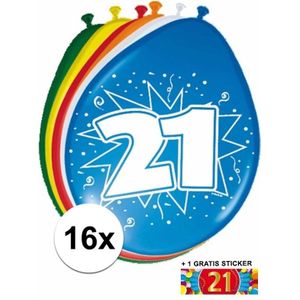 Ballonnen 21 jaar van 30 cm 16 stuks + gratis sticker