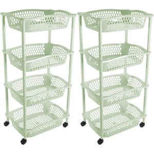 2x stuks keuken opberg trolleys/roltafels met 4 manden 86 x 41 cm mintgroen- Etagewagentje met opbergkratten