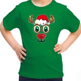 Bellatio Decorations kerst t-shirt voor kinderen - Rudolf gezicht - rendier - groen - Kerstdiner