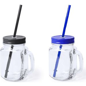 6x stuks Glazen Mason Jar drinkbekers met dop en rietje 500 ml - 3x zwart/3x blauw - afsluitbaar/niet lekken/fruit shakes