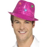 4x stuks pailletten feest hoedje fuchsia roze met LED lichtjes - Carnaval verkleed hoeden