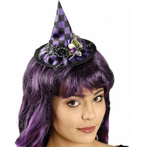 Chaks Halloween heksenhoed - mini hoedje op diadeem - one size - zwart/paars - meisjes/dames - verkleed accessoires