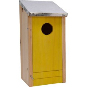 Houten vogelhuisje/nestkastje met gele voorzijde en metalen dakje 26 cm - Vogelhuisjes tuindecoraties