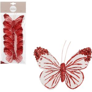 House of Seasons kerstboomversiering vlinders op clip - 6x st- rood/wit -10 cm