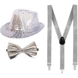 Folat Verkleedkleding set hoed/strikje/bretels zilver glitter volwassenen
