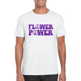 Wit Flower Power t-shirt peace tekens met paarse letters heren - Sixties/jaren 60 kleding