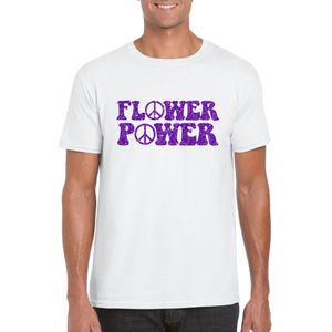 Toppers Wit Flower Power t-shirt peace tekens met paarse letters heren - Sixties/jaren 60 kleding