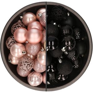 Bellatio Decorations Kerstballen mix - 74-delig - lichtroze en zwart - 6 cm - kunststof