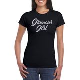 Glamour girl t-shirt zwart met zilveren glitter tekst dames - Glitter en Glamour zilver party kleding shirt