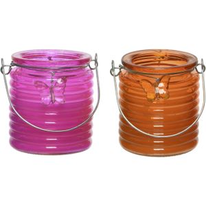 Citronella kaars - 2x - in windlicht - roze en oranje - 20 branduren - citrusgeur
