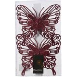 Decoris kerstboom decoratie vlinders op clip - 4x - donkerrood - 13 cm