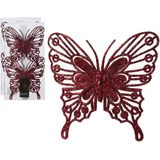 Decoris kerstboom decoratie vlinders op clip - 4x - donkerrood - 13 cm