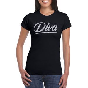 Diva t-shirt zwart met zilveren glitter tekst dames - Glitter en Glamour zilver party kleding shirt