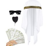 Carnaval verkleed set Arabier/Sjeik - hoofddoek - baardje - zonnebril - 75x nep dollars