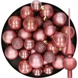 Kerstversiering kunststof kerstballen met glazen piek oud roze 6-8-10 cm pakket van 42x stuks - Kerstboomversiering