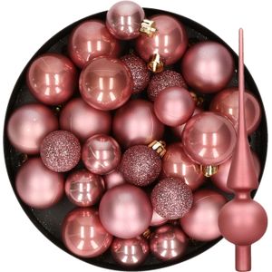 Kerstversiering kunststof kerstballen met glazen piek oud roze 6-8-10 cm pakket van 42x stuks - Kerstboomversiering