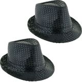 Funny Fashion Carnaval verkleed Trilby hoedje met glitter pailletten - 2x - zwart - heren/dames