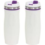 Set van 2x stuks rVS Warmhoudbeker/warm houd beker winter wit/paars 400 ml - Isoleerbeker/thermosbekers - Dubbelwandig