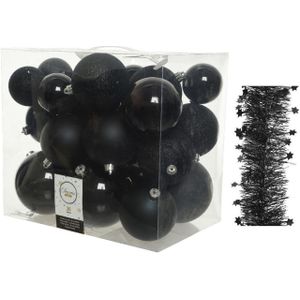 Kerstversiering kunststof kerstballen 6-8-10 cm met sterren folieslingers pakket zwart van 28x stuks - Kerstboomversiering