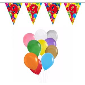 Folat - Verjaardag 9 jaar feest thema set 50x ballonnen en 2x leeftijd print vlaggenlijnen