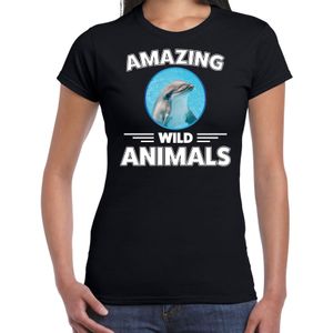 T-shirt dolfijn - zwart - dames - amazing wild animals - cadeau shirt dolfijn / dolfijnen liefhebber