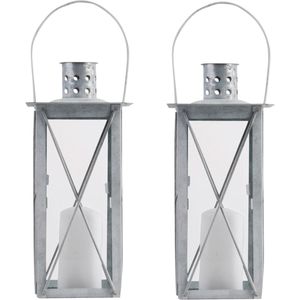 Set van 2x stuks zilveren tuinlantaarn/windlicht van zink 12 x 12 x 25,5 cm - Tuinverlichting - Kaarsenhouders - Zinken lantaarns