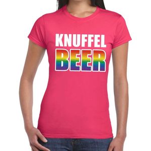 Gay pride knuffelbeer t-shirt - roze shirt met regenboog tekst voor dames - lgbt kleding
