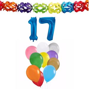 Folat Verjaardagversiering set - 17 jaar - opblaas cijfer/slingers/ballonnen