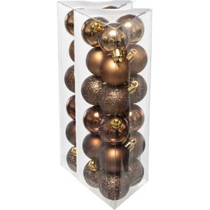 36x stuks kerstballen bruin glans en mat kunststof diameter 3 cm - Kerstboom versiering