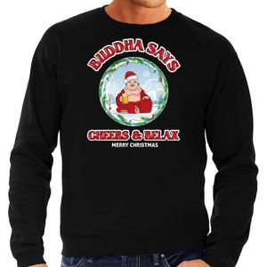 Bellatio Decorations foute Kersttrui/sweater heren - buddha says cheers &amp; relax - zwart - bier