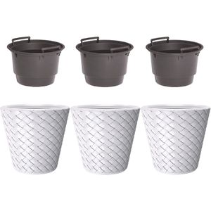 Set van 3x Kunststof Matuba wit bloempotten/plantenpotten 19 liter met inzetpot 11 liter