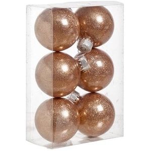 12x Koperen kunststof kerstballen 6 cm - Glitter - Onbreekbare plastic kerstballen - Kerstboomversiering koper
