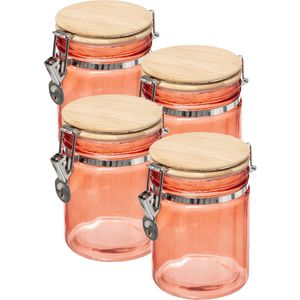 4x stuks voorraadbussen/potten 0,75L glas koraal oranje bamboe beugelsluiting - 750 ml - Voorraadpotten luchtdichte sluiting