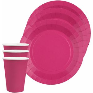 Santex feest/verjaardag servies set - 20x gebaksbordjes en bekertjes - fuchsia roze - karton