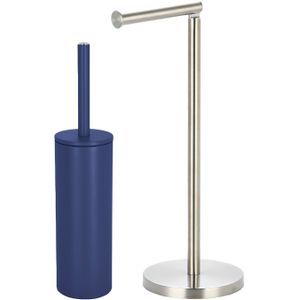 Spirella Badkamer accessoires set - WC-borstel/toiletrollen houder - metaal - donkerblauw/zilver - Luxe uitstraling