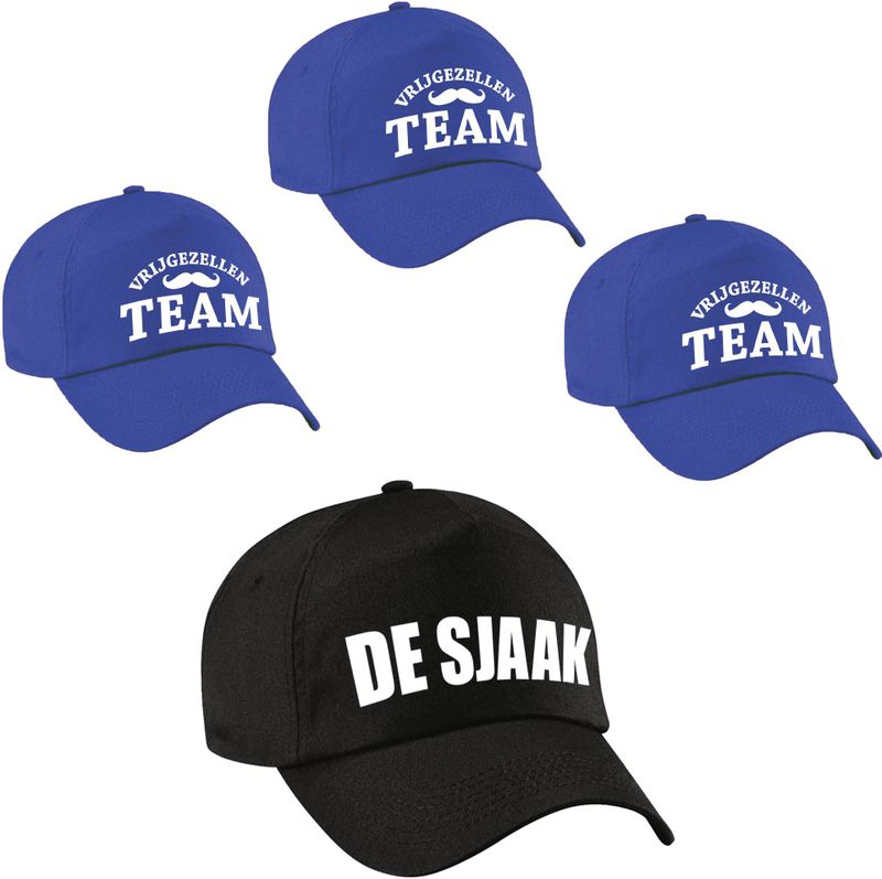 Vrijgezellenfeest heren petjes - 1x De Sjaak zwart + 5x Vrijgezellen team blauw- Vrijgezellen mannen accessoires/ artikelen