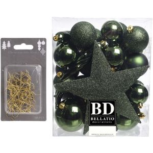 33x stuks kunststof kerstballen 5, 6 en 8 cm donkergroen inclusief ster piek en kerstbalhaakjes - Kerstversiering - Onbreekbaar