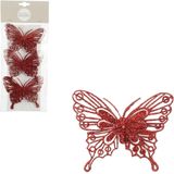 House of Seasons kerstboomversiering vlinders op clip - 6x st - rood - 10 cm