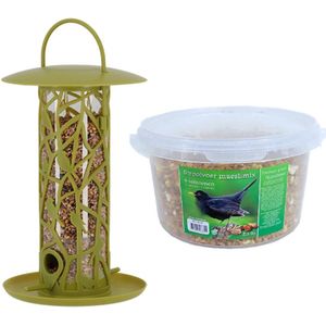 Vogel voedersilo met zitstokjes en tray groen kunststof 27 cm inclusief 4-seizoenen mueslimix vogelvoer - Vogel voederstation