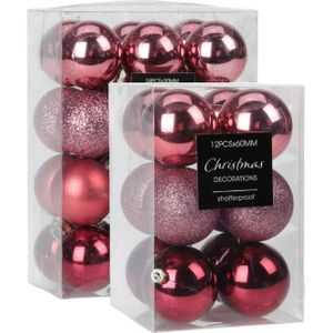 Kerstballen - 28x st - 5 en 6 cm - roze - kunststof - kerstversiering