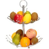 Dubbele etagere fruitschaal/fruitmand rond zilver metaal 36 x 40 cm - Fruitschalen/fruitmanden - Draadmand van metaal
