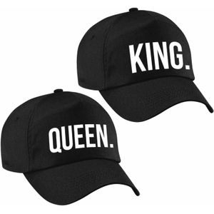 2x zwarte baseballcaps met King en Queen tekst - Voor volwassenenen - Carnaval of verkleed petjes