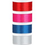 4x rollen satijnlint rood-zilver-turquoise-roze 2.5 cm x 25 meter - Hobby cadeaulint