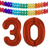 Folat folie ballonnen - Leeftijd cijfer 30 - rood - 86 cm - en 2x slingers