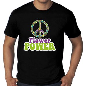 Toppers Grote Maten Jaren 60 Flower Power verkleed shirt zwart met groene en paarse letters heren - Plus size heren