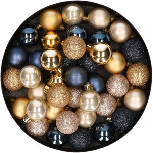 42x stuks kunststof kerstballen donkerblauw, champagne en goud mix 3 cm - Kerstboomversiering